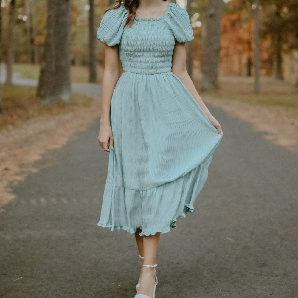Polygram Blue Smocked Midi Dress